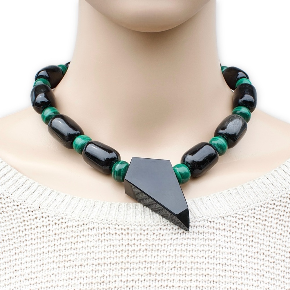 Vintage Silver Sheen Obsidian & Malachite Beaded Necklace with Geometric Pendant